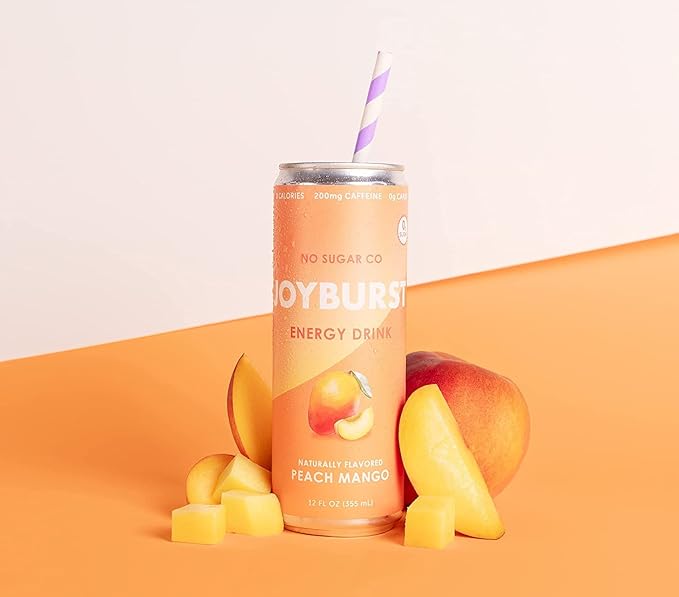 No Sugar Joyburst Energy Drink 0 Calorie 0 Sugar Sugar Free Energy Drink with Natural Caffeine Hint of Sweetness and Refreshing Sparkling Water - 12 Packs (Peach Mango)