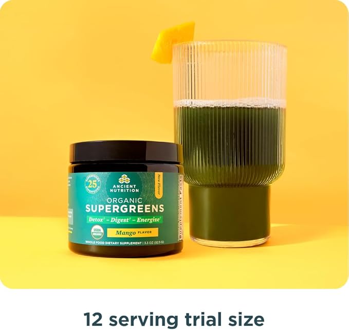 Ancient Nutrition SuperGreens Powder with Probiotics Organic Mango Flavor Greens Made from Real Fruits Vegetables and Herbs Digestive and Energy Support 12 Servings 3.3oz