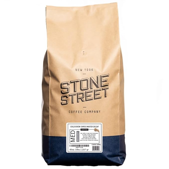 Stone Street Cold Brew Decaf Coffee Swiss Water Process Low Acid 100% Arabica Gourmet Coffee Coarse Ground Medium Roast 5 LB