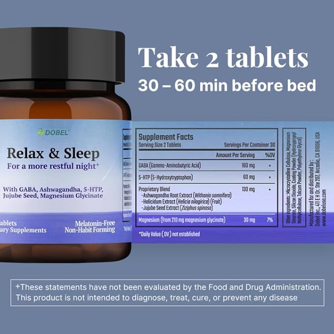 DOBEL Relax &amp Sleep - Melatonin Free Sleep Aid for Adults - Magnesium Glycinate Ashwagandha GABA &amp 5-HTP - Non-Habit Forming Support for Deep Sleep &amp Evening Calm - 60 Tablets