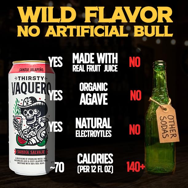 Thirsty Vaquero Watermelon Jalapeño Flavored soda (Sandia Salvaje) Mexican-inspired soda Real Fruit Juice &amp Savory Spices Made with Organic Agave Low Calorie Natural Juice 16 oz Cans 12-Pa