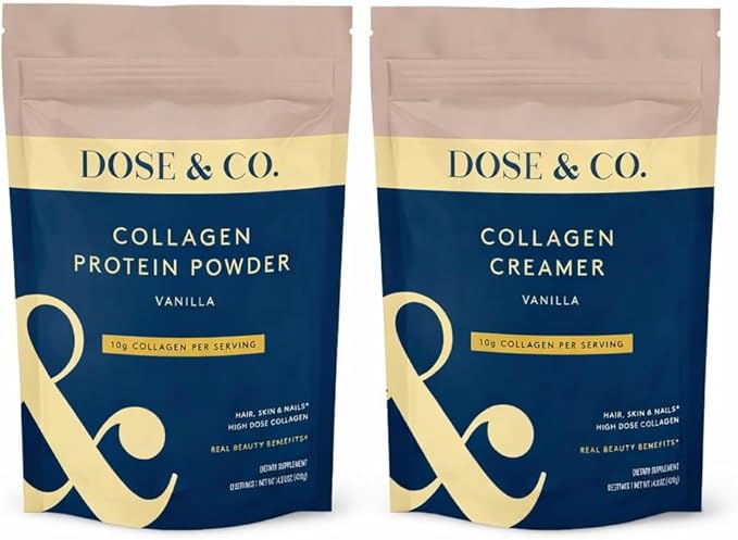 DOSE &amp CO. Vanilla Protein &amp Creamer Bundle – 14.8 oz + 12 oz | 20g Whey Protein + Hydrolyzed Type I &amp III Peptides | Supports Hair Skin &amp Nails | Non-GMO Gluten Free