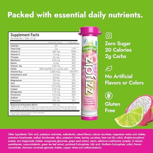 Zipfizz Daily Energy Drink Powder Dragon Fruit Lime 20 Pack | 3-in-1 Sustained Energy Rapid Hydration and Essential Vitamins | Sugar-Free | Electrolyte Powder | Contains Vitamin B-12 &amp Antioxi