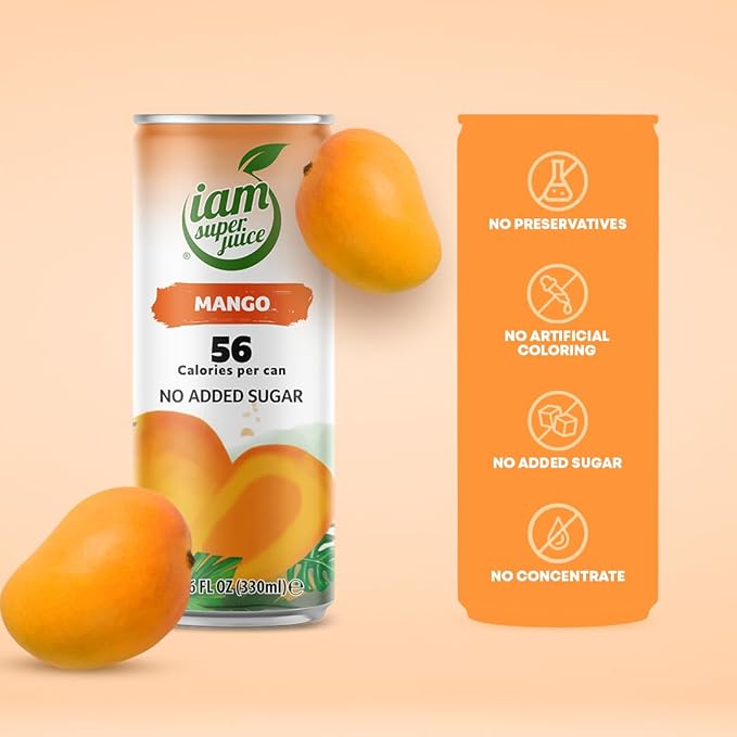 I am Superjuice Mango - Natural Fruit Juice Drink - Zero Added Sugar - Low in calories (56 per can) - 12 Pack x 11.16 FL OZ