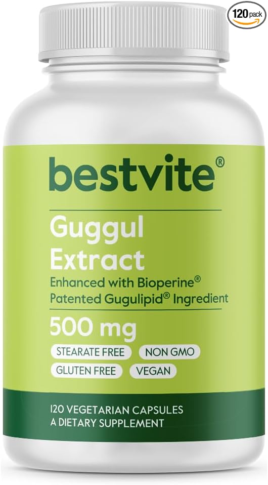 Guggul Extract 500mg (120 Vegetarian Capsules) - Backed by Clinical Research Patented and Standardized Enhanced by Bioperine - No Fillers - No Stearates - Vegan - Non GMO - Gluten Free