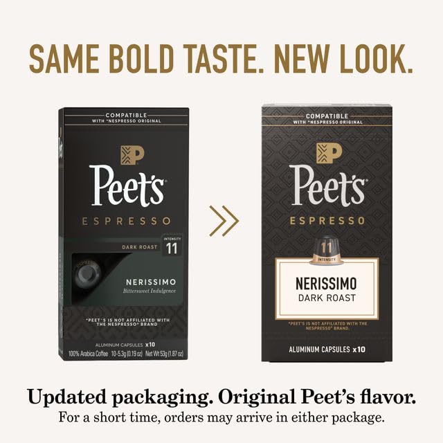 Peet's Coffee Dark Roast Espresso Capsules Compatible with Nespresso Original Machine 100% Arabica Coffee - Nerissimo Intensity 11 100 Count (10 Boxes of 10 Espresso Capsules)