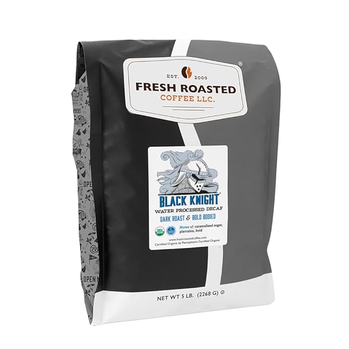 Fresh Roasted Coffee Organic Black Knight Water-Processed Decaf | USDA Organic Kosher | Dark Roast 5 lb (80 oz) Whole Bean