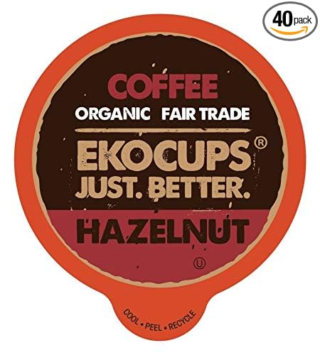 EKOCUPS Organic Hazelnut Flavored Coffee Pods - Extra 30% More per Cup Artisan Fair Trade Medium Roast for Keurig K Cup Machines Recyclable Pods 40 Count