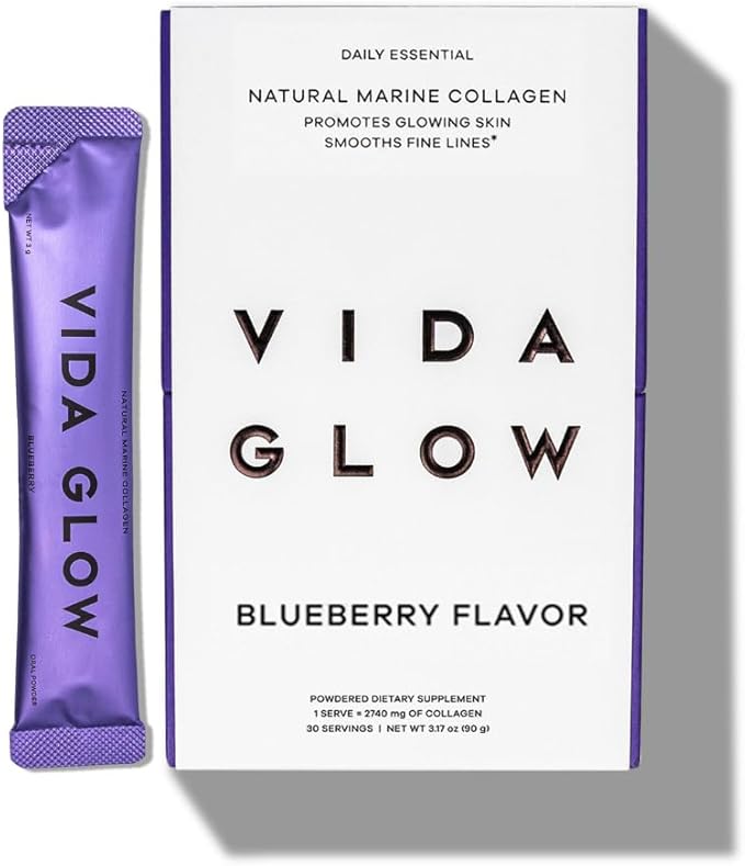 Vida Glow Marine Collagen Powder - Anti Aging Supplement with Collagen Peptides Promotes Glowing Skin Strong Nails Healthy Hair | 30 Servings Original Flavor (One Size Blueberry)