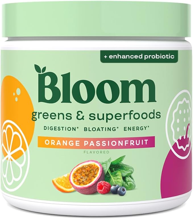 Bloom Nutrition Superfood Greens Powder Digestive Enzymes with Probiotics and Prebiotics Gut Health Bloating Relief for Women Chlorella Juice Mix w/Beet Root Powder 30 SVG Orange Passionfruit