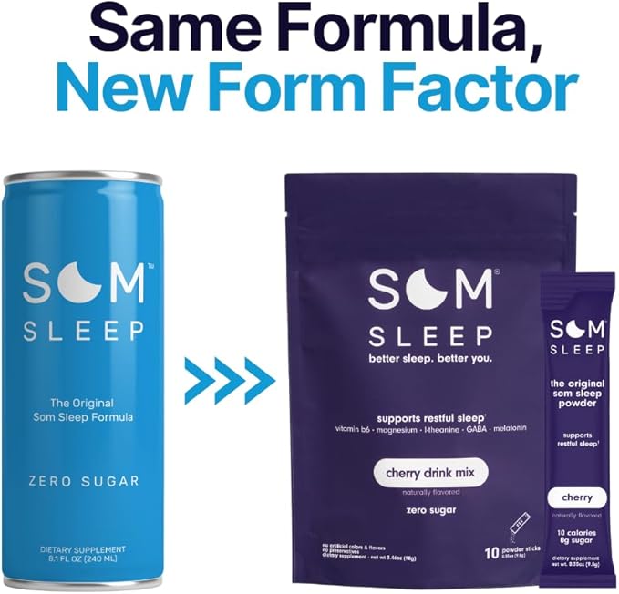Som Sleep Restful Sleep Powder Drink Mix w/Melatonin Magnesium Vitamin B6 L-Theanine &amp GABA – Vegan Zero Sugar Keto Friendly – Cherry 10-Pack
