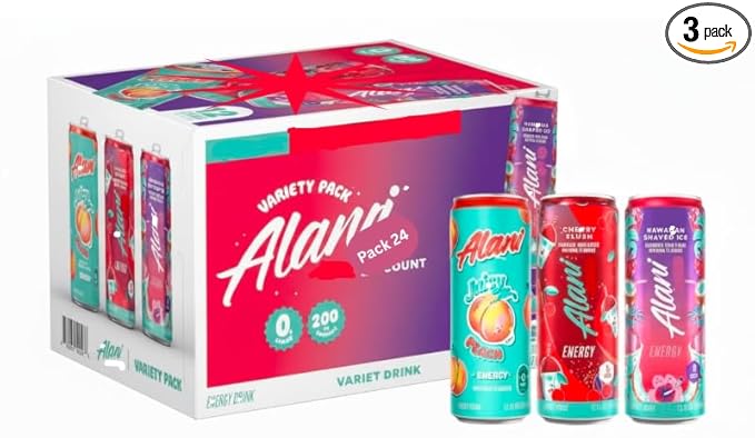 Alani Cotton Candy Energy Drinks sugar free low calorie energy drinks 12 Fl Oz Cans (12 Fl Oz (Pack of 24) Variety Pack - Cherrry Slush Juiccy Peaach Hawaiiian)
