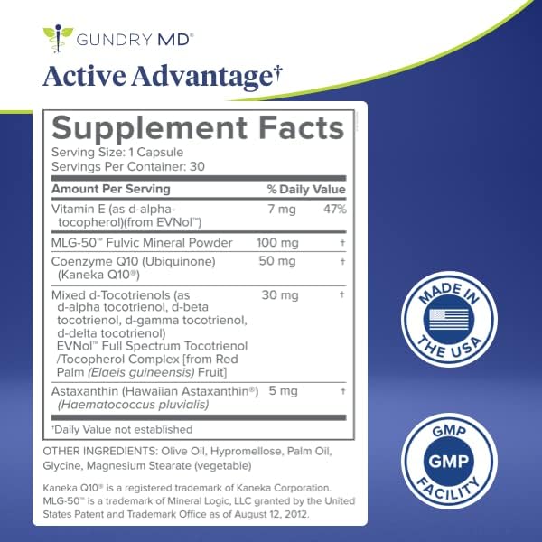 Gundry MD® Active Advantage Astaxanthin and CoQ10 Supplement to Support Energy Strength and Metabolism 30 Count
