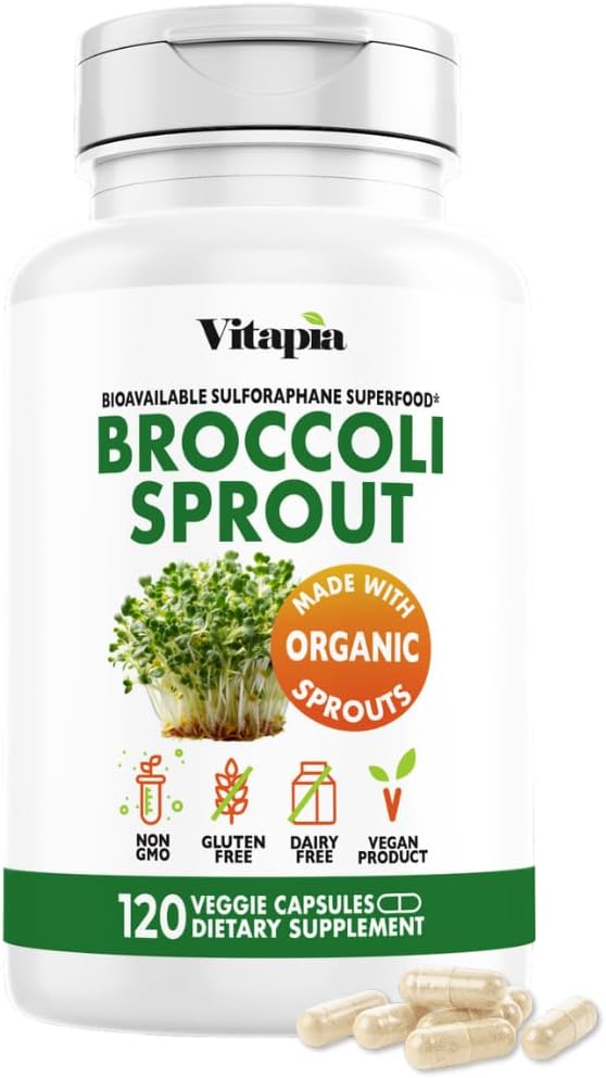 Vitapia Organic Broccoli Sprout &amp Broccoli Extract for Sulforaphane Antioxidant Brain Skin Heart Health Support - 120 Veggie Capsules - Non-GMO Gluten-Free Vegan-Friendly Supplement