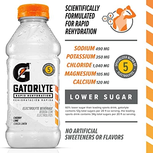 Gatorlyte Rapid Rehydration Electrolyte Drink Cherry Lime Specialized Blend of 5 Electrolytes Lower Sugar No Artificial Sweeteners No Artificial Flavors 20 fl oz Bottles (12 Pack)