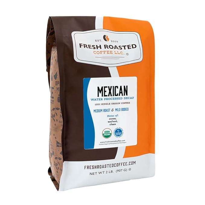 Fresh Roasted Coffee Organic Mexican Water-Processed Decaf | USDA Organic 100% Single Origin Kosher | Medium Roast 2 lb (32 oz) Whole Bean