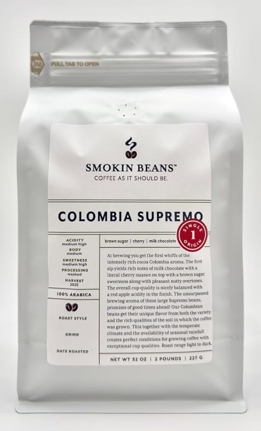 Smokin Beans 2-Pound Colombia Supremo Freshly Roasted Coffee Washed Processing Full City Roast Premium Whole Bean Specialty Coffee
