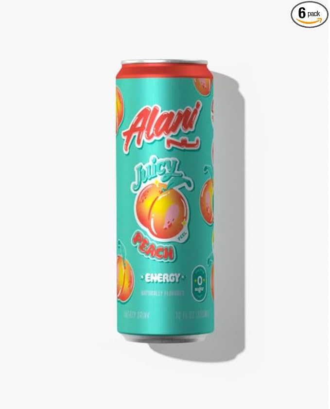 New Alani Energy Drinks JUICY PEACH Low - Calorie Zero Suger Energy Boost Drinks 12 oz (6 Pack)