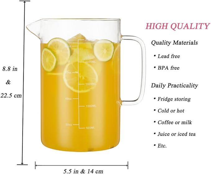 Glass Water Pitcher with Scale Line Dinner Table jug Large Serving Carafe for Water Juice Sangria Lemonade and Milk (Clear 85 oz)