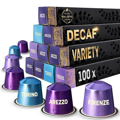 Real Coffee Great Taste. Every Day Discover Decaf Pack | Compatible with Nespresso Original Line | 3 City Blends: Arezzo Firenze Torino | 100 Aluminum Capsules | Product of Italy
