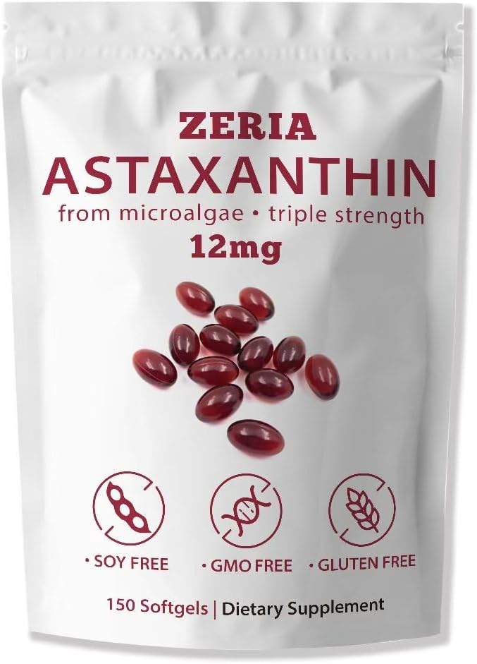 ZERIA Astaxanthin 12mg 150 Softgels - Natural Microalgae Antioxidant for Eye Skin &amp Immune Support 4-Month Supply