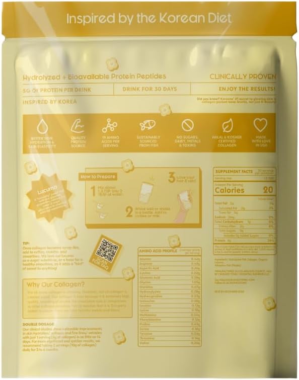 Crushed Tonic Korean Beauty Collagen Powder | Hydrolyzed Marine Collagen Peptides for Skin Glow Hair &amp Nails | K-Beauty Drink | Gluten-Free Halal &amp Kosher (Lucuma 30 Servings (150 g) Pouch