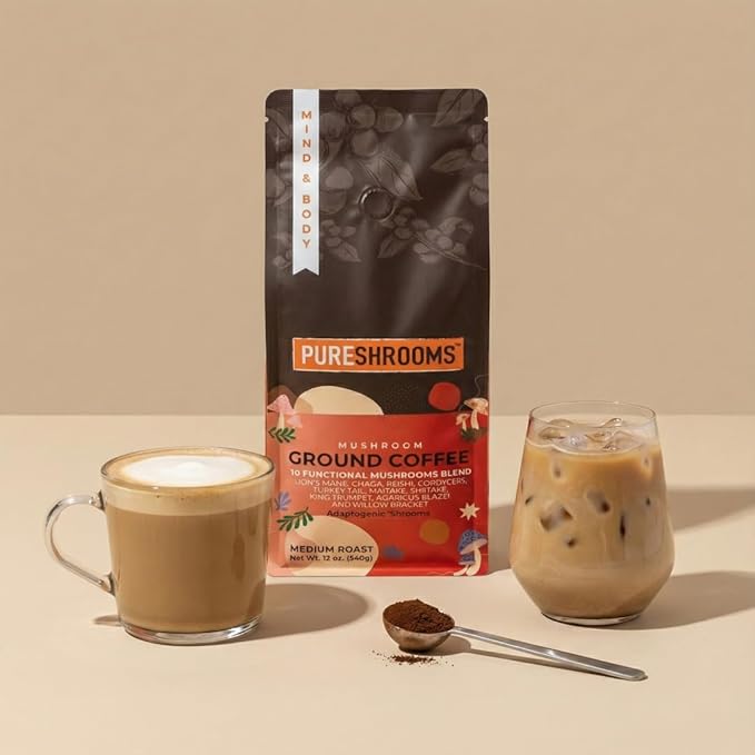 Mushroom Ground Coffee w/ 10 Organic Mushroom Extracts - King Trumpet Agaricus Blazei Willow Bracket Lion's Mane Chaga Reishi Cordyceps Turkey Tail Maitake Shiitake 340g (Perfect 10)