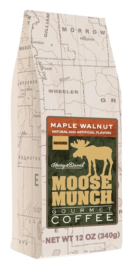 Moose Munch Maple Walnut Ground Coffee – 2 Pack 12 oz Bags – Sweet Maple Flavor with Nutty Walnut Flavored Medium Roast Coffee