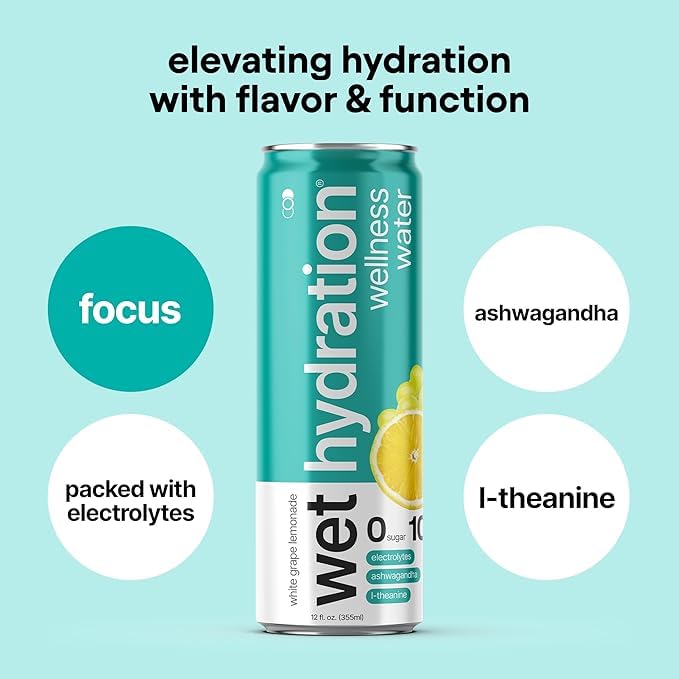 Wet Hydration Zero Calorie Functional Wellness Water - 4 Flavors Variety Pack (12 Ounce Cans Pack of 12) - Flavored Water Hydration Drink No Sugar No Artificial Ingredients Zero Calories (Packa