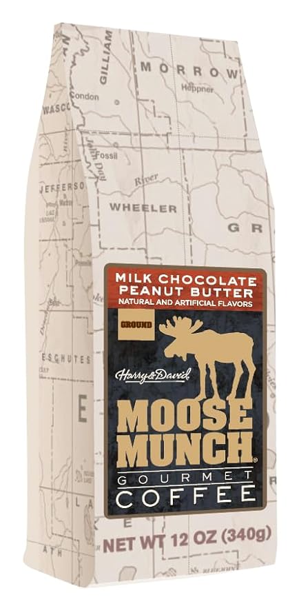 Moose Munch Milk Chocolate Peanut Butter Ground Coffee – 2 Pack 12 oz Bags – Chocolate &amp Peanut Butter Dessert-Inspired Flavored Coffee