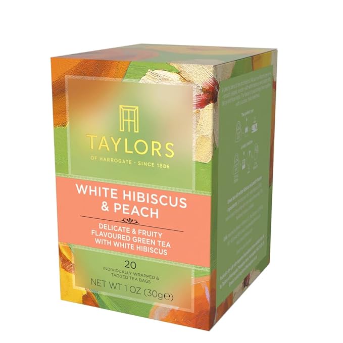 Taylors of Harrogate White Hibiscus &amp Peach Green Tea Individually Wrapped Bags 20 Count (Pack of 6) Delicate Fruity and Sweet Caffeinated Enjoy Hot or Iced 120 Teabags Total