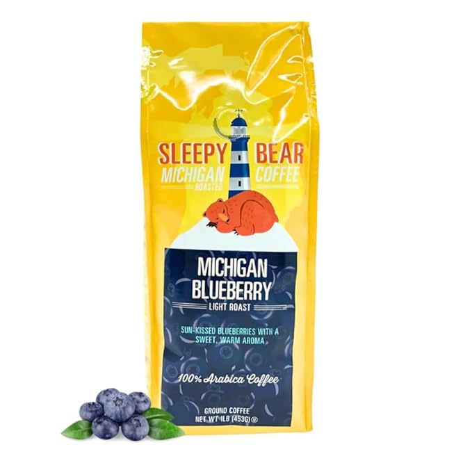 Sleepy Bear Michigan Blueberry Ground Coffee – Flavored Light Roast Arabica Fruit-Flavored Coffee with Real Blueberry Taste No Sugar Added 16oz Recloseable Bag (1 16 oz)