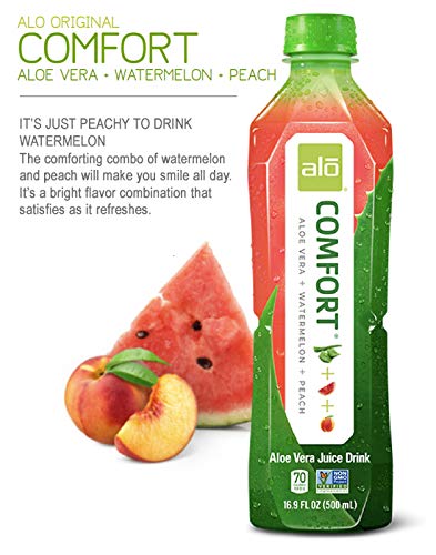Alo Comfort Watermelon and Peach Aloe Vera Juice Drink 16.9 Fluid Ounce - 12 per case.