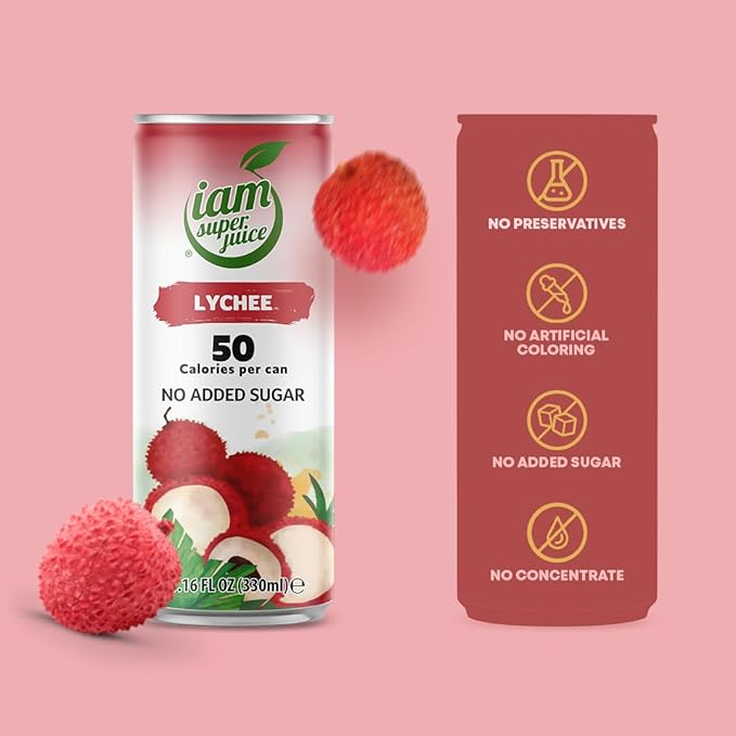 Lychee Fruit Juice Drink 100% Natural - I am Superjuice - No added sugars concentrate preservatives - 12pack 11.16oz - low calorie - NON GMO - Vegan