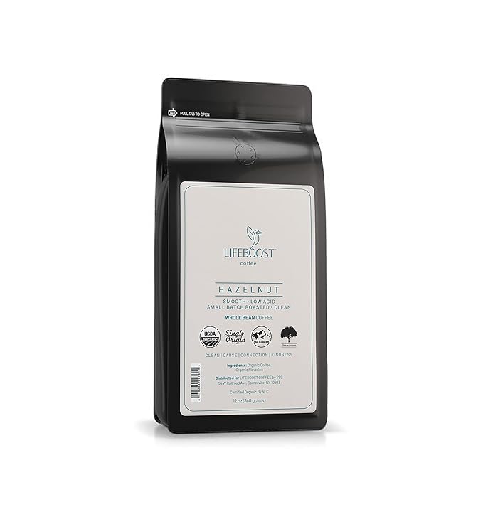 Lifeboost Hazelnut Whole Bean Coffee – Organic Low Acid Non-GMO Hazelnut Flavored Coffee – Single Origin Mold-Free Mycotoxin Tested 12 oz