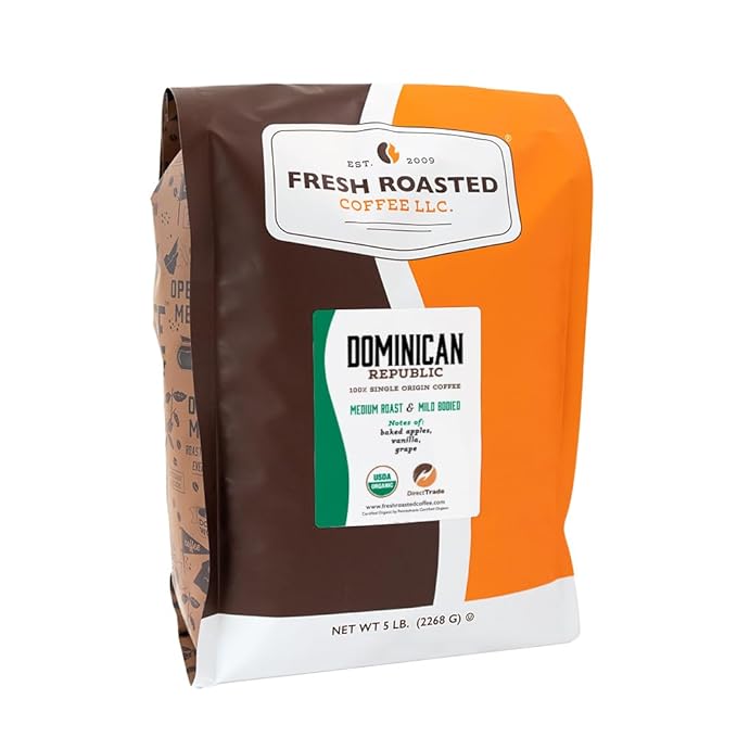 Fresh Roasted Coffee Organic Dominican Republic | USDA Organic Direct Trade Kosher | Medium Roast 5 lb Whole Bean
