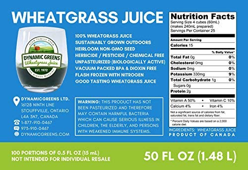 100% Wheatgrass Juice – Field-Grown Flash-Frozen Unpasteurized – 50 fl oz (100 x 0.5 fl oz Portions) – Dynamic Greens