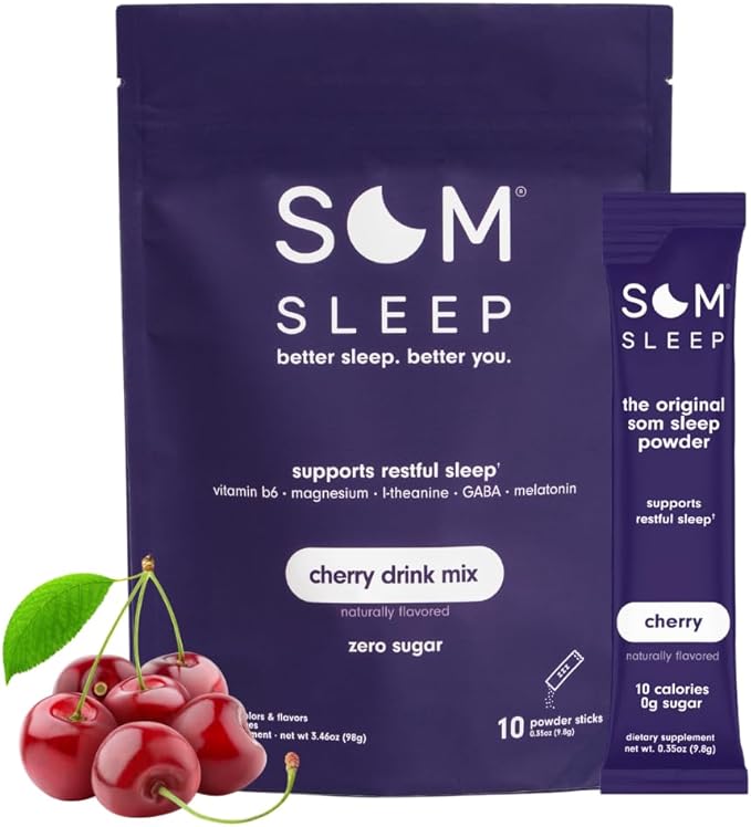 Som Sleep Restful Sleep Powder Drink Mix w/Melatonin Magnesium Vitamin B6 L-Theanine &amp GABA – Vegan Zero Sugar Keto Friendly – Cherry 10-Pack