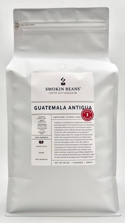 Smokin Beans 5-Pound Guatemala Antigua Freshly Roasted Coffee Washed Processing Medium Roast Premium Whole Bean Specialty Coffee