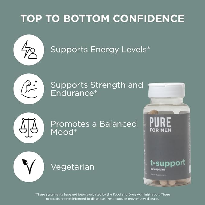 Pure for Men T-Support Supplement | Vegetarian Total Support for Men with Maca Vitamin D &amp Ashwagandha Muscle Health | Endurance Strength Focus &amp Energy Support | 60 Capsules