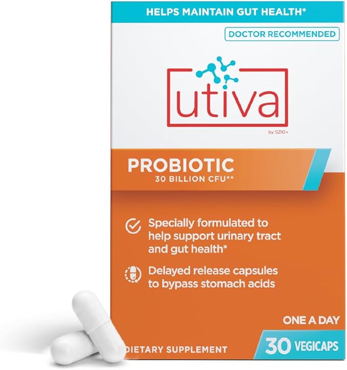 Szio+ Utiva Probiotic – Urinary Tract and Gut Health Supplement – 12 Billion CFU Lactobacillus &amp Bifidobacterium Probiotic for Men and Women 30 Delayed Release Vegi Capsules