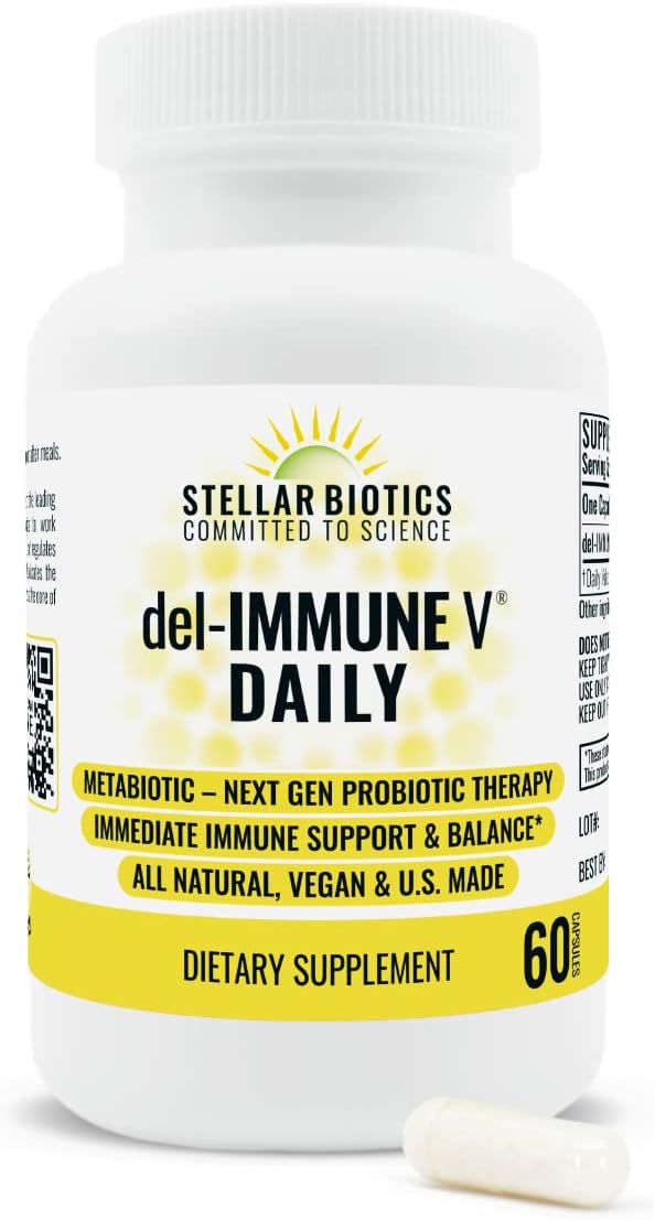 Del-Immune V Daily by Stellar Biotics All-Natural Immune Support &amp Gut Health Immediate Care Metabiotic: NextGen Probiotic Therapy (60 Caps)