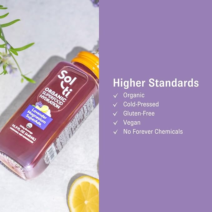 Organic SuperAde Hydration Drink Digestive Health + Balanced Mood SuperFood Lemonade by Sol-ti Cold-Pressed Lavender Magnesium &amp Lemon Juice Blend16 Pack (14.9 Fl oz)