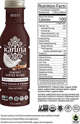 Karuna Whole Plant Synergy Organic Coffee Blend Energy Boost Pack Black Sesame and Coconut Flavor 60mg Caffeine Non-GMO Gluten-Free 12 Fl Oz (6-Pack)