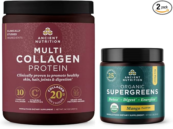 Ancient Nutrition Multi Collagen Protein Powder Unflavored 40 Servings + Organic Supergreens Powder Mango 12 Servings