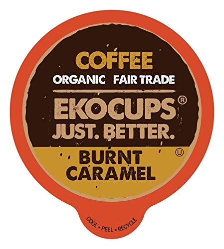 EKOCUPS Organic Burnt Caramel Flavored Coffee Pods Extra 30% More Coffee Per Cup Artisan Fair Trade Dark Roast Carmel Coffee for Keurig K Cup Machines Recyclable Pods 80 Count