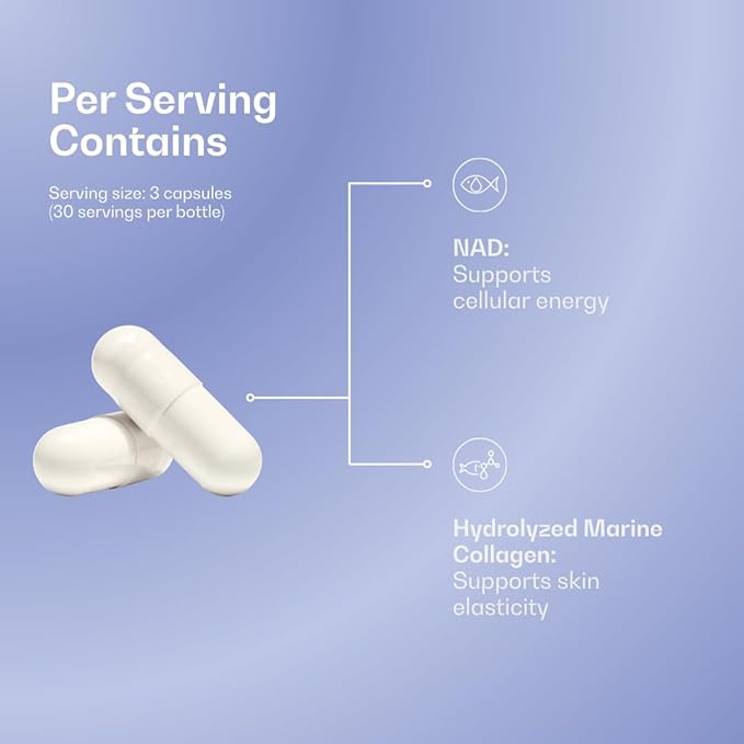 NAD Caps - NAD (Nicotinamide Adenine Dinucleotide) + Hydrolyzed Marine Collagen - Daily Supplement - 90 Capsules 500 mg Each - Unflavored