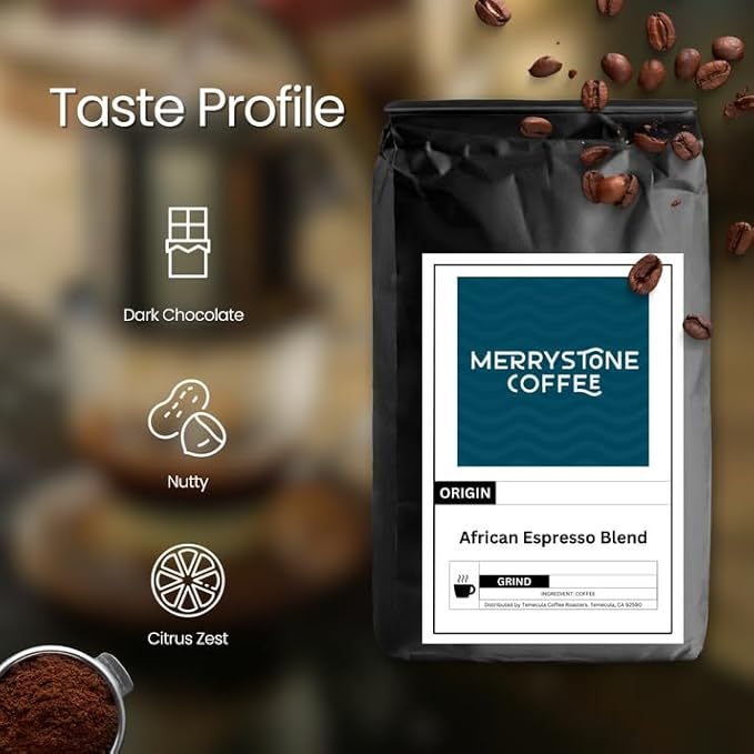 Merrystone Coffee African Espresso Blend | ROASTED TO ORDER Medium-Dark Roast ESPRESSO GROUND | 2 LB Bag | Citrus Zest &amp Dark Chocolate Flavor | Ethiopian Rwandan &amp Kenyan Peaberry Coffee