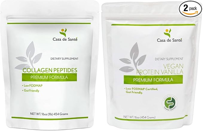 Casa de Sante Elemental Diet Grassfed Collagen Peptides and Vegan Protein Powder Low FODMAP Certified for IBS &amp SIBO Gut Friendly Bundle