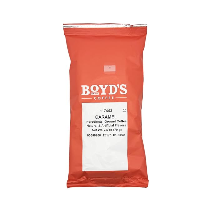 Boyd's Caramel Ground Coffee 5/2.5oz Pre-Portioned Packets - 12.5oz Total - Rich and Indulgent